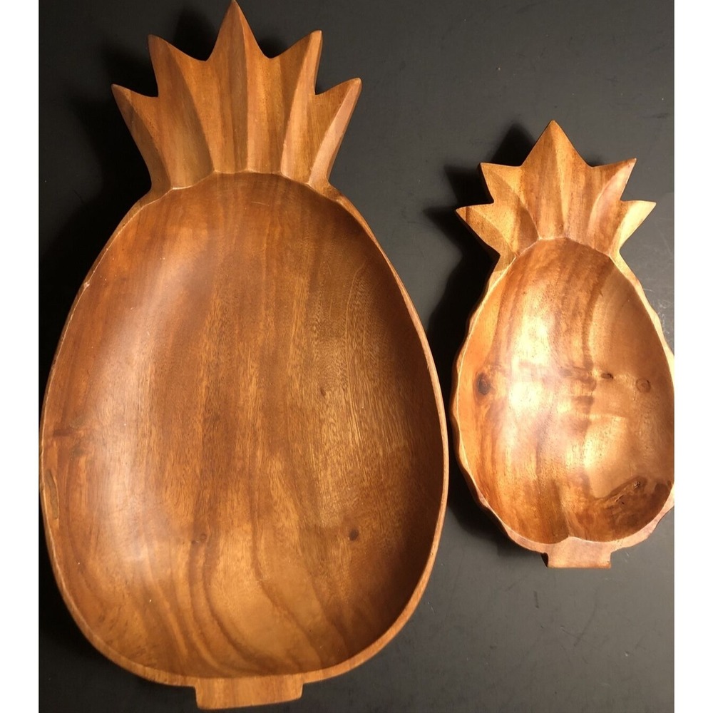 Vintage MCM Hawaiian Kamani Woods Pineapple Bowls - Set of 2 - Hand Carved Tiki